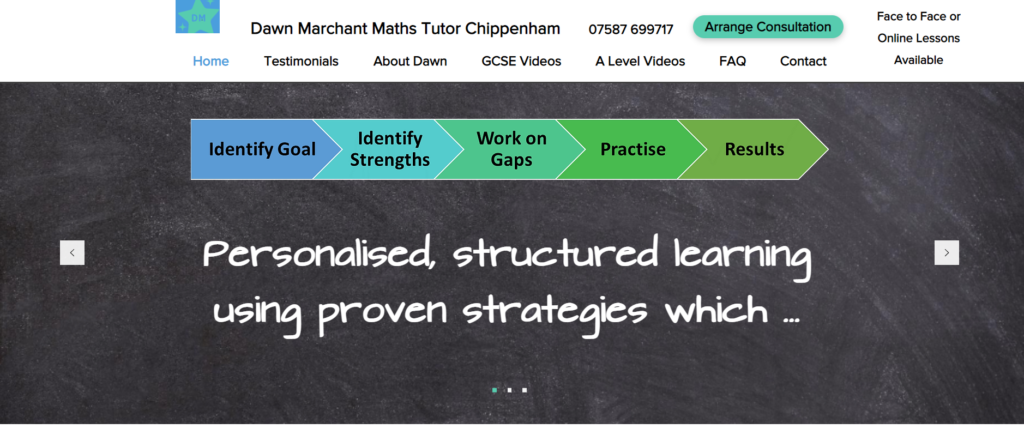 Screenshot of the Dawn Marchant Maths Tutor Chippenham website,