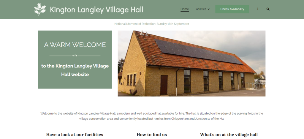 Screenshot of the Kington Langley Village Hall Website