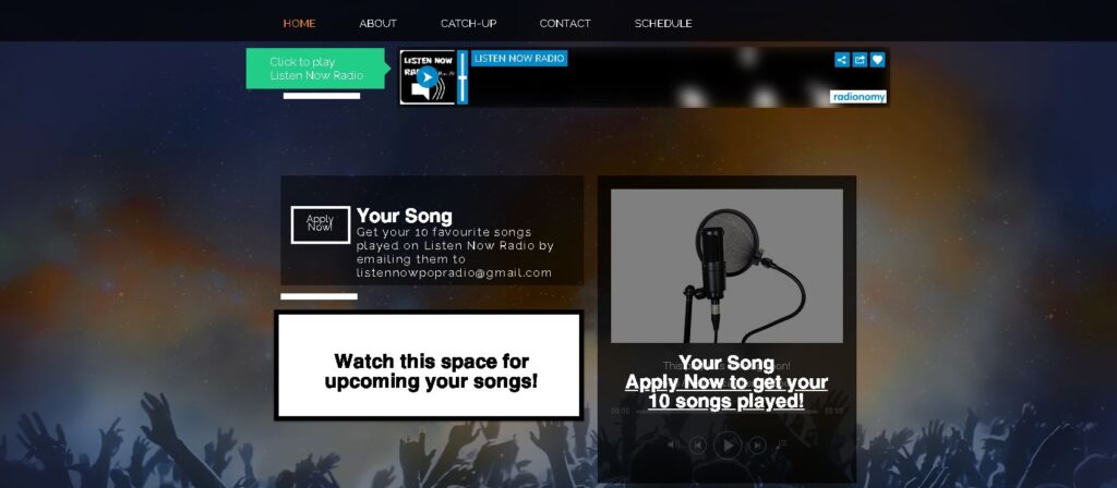 Screenshot of the Listen Now Pop Radio Website.